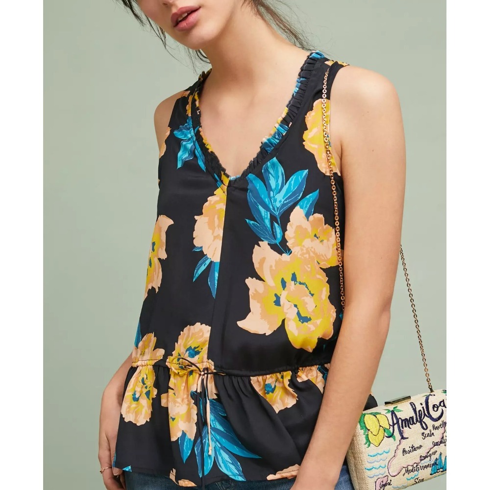 Anthropologie Dolan Sz L Blooming 100% Silk Peplum Tank Floral Blouse Bloomcore